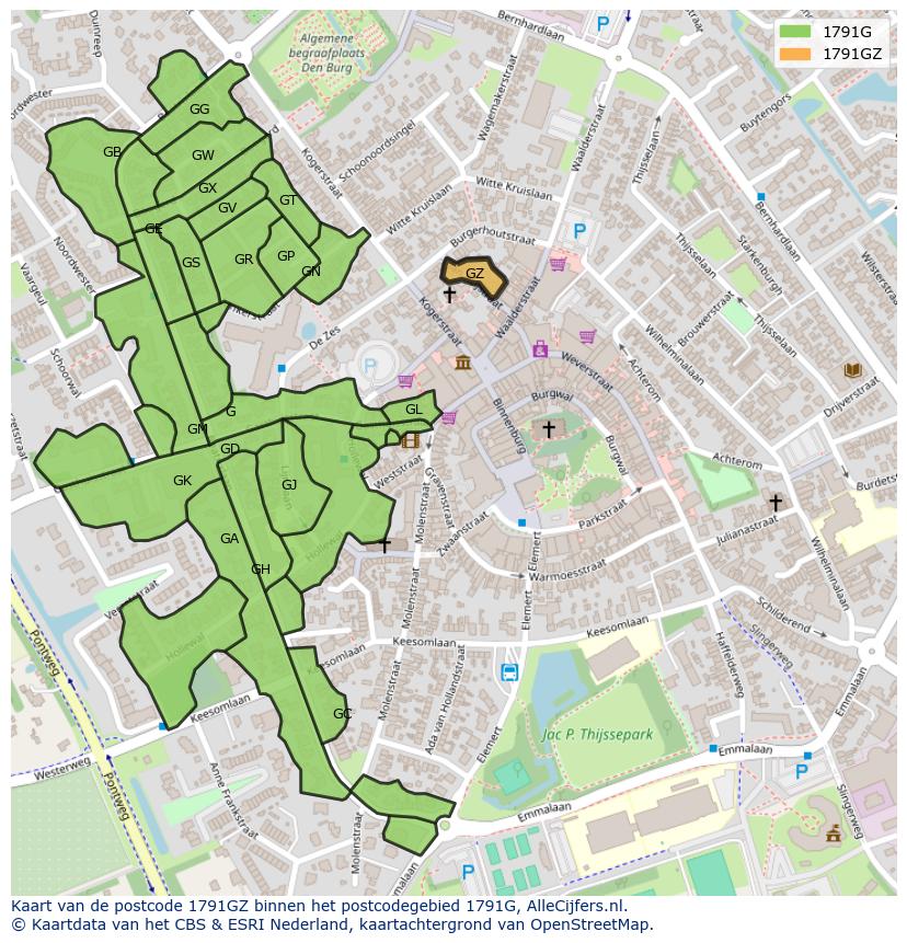 Afbeelding van het postcodegebied 1791 GZ op de kaart.