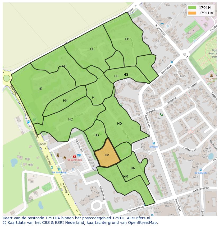 Afbeelding van het postcodegebied 1791 HA op de kaart.