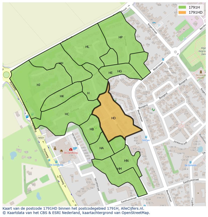 Afbeelding van het postcodegebied 1791 HD op de kaart.