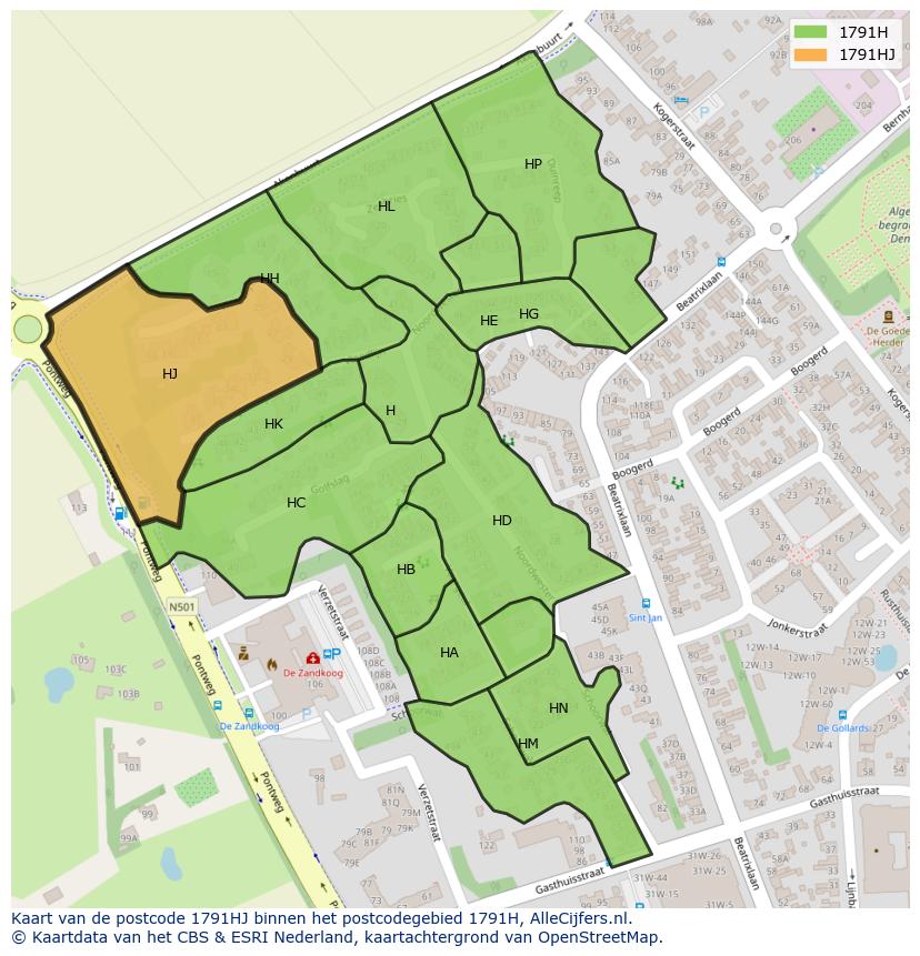 Afbeelding van het postcodegebied 1791 HJ op de kaart.
