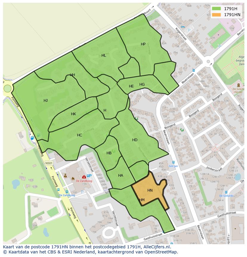 Afbeelding van het postcodegebied 1791 HN op de kaart.