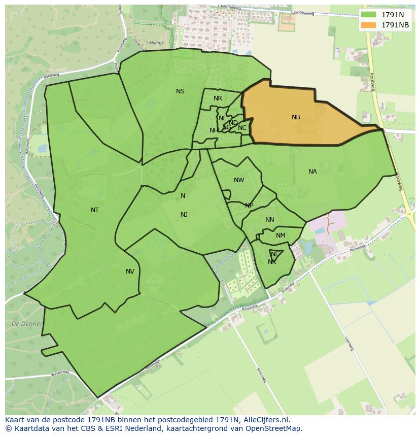 Afbeelding van het postcodegebied 1791 NB op de kaart.