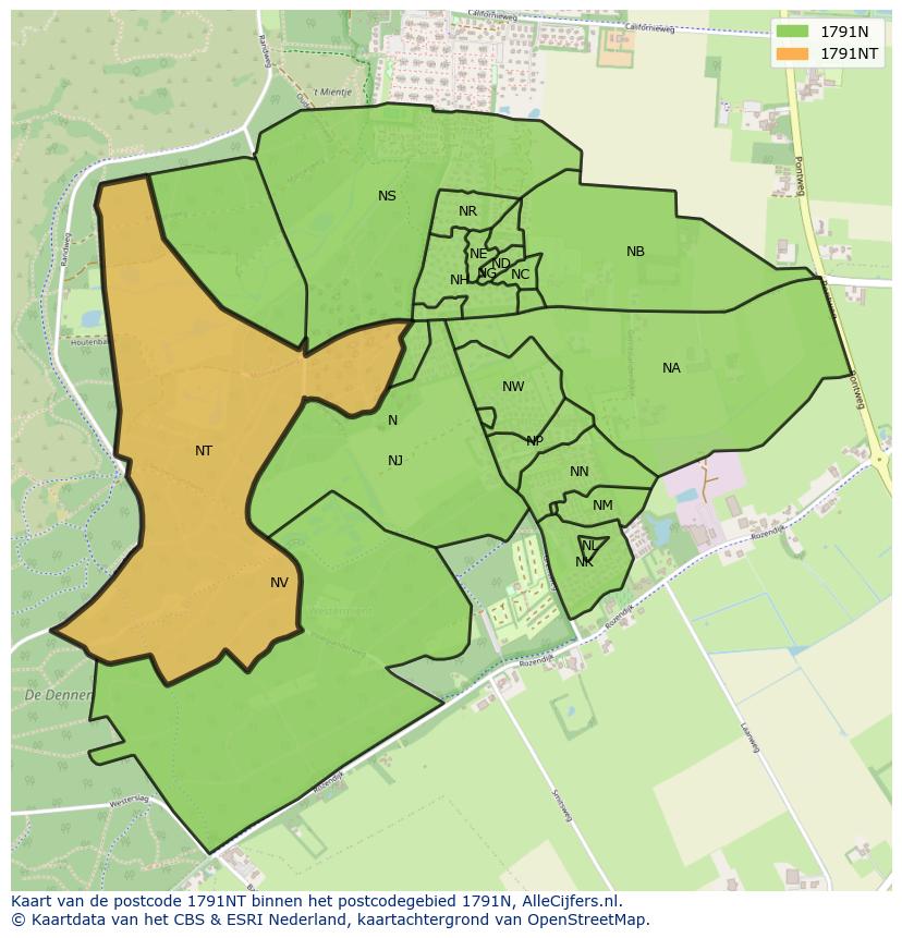 Afbeelding van het postcodegebied 1791 NT op de kaart.