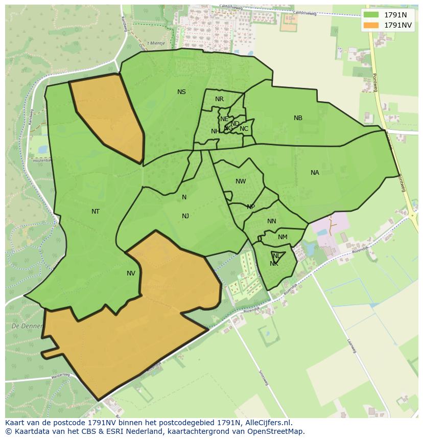 Afbeelding van het postcodegebied 1791 NV op de kaart.