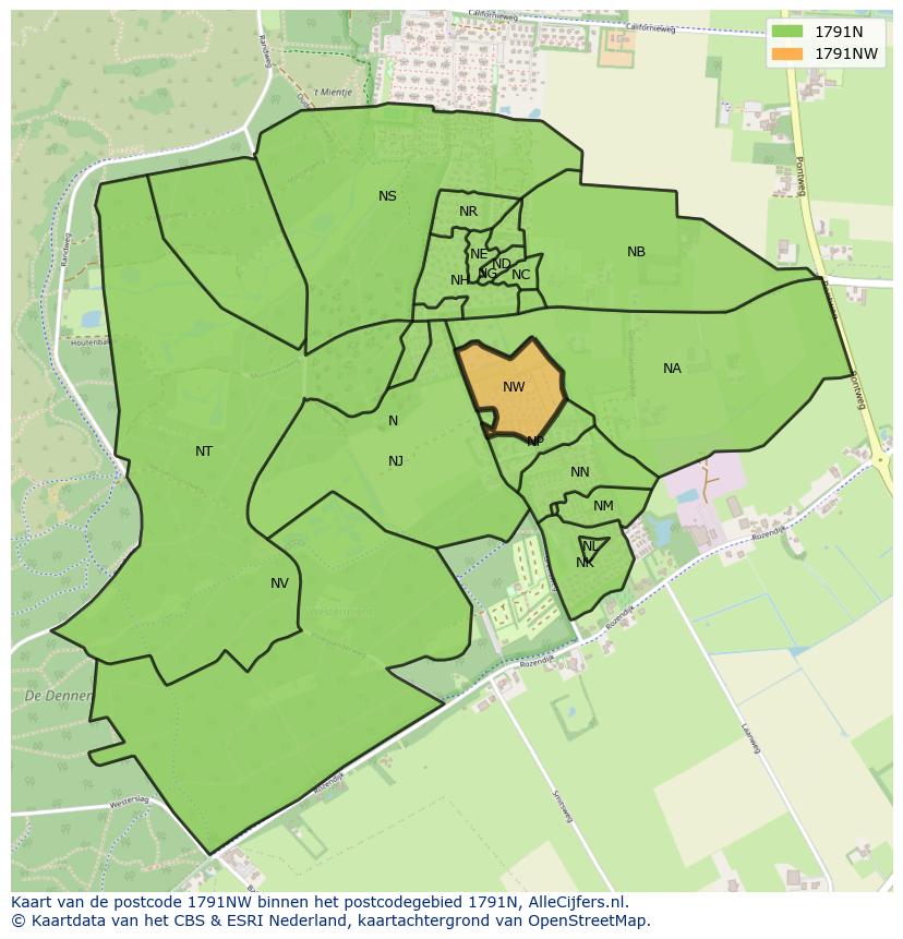Afbeelding van het postcodegebied 1791 NW op de kaart.