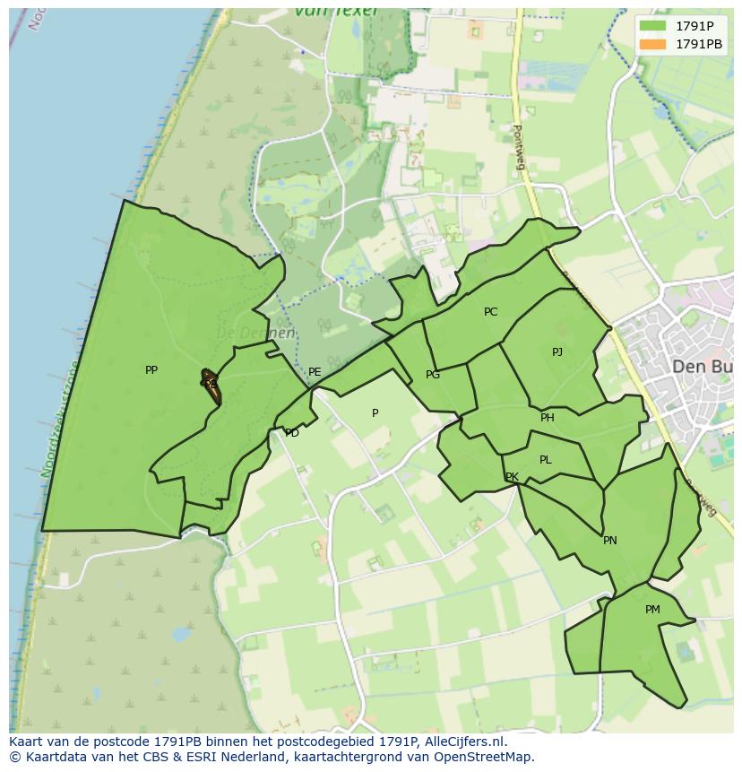 Afbeelding van het postcodegebied 1791 PB op de kaart.