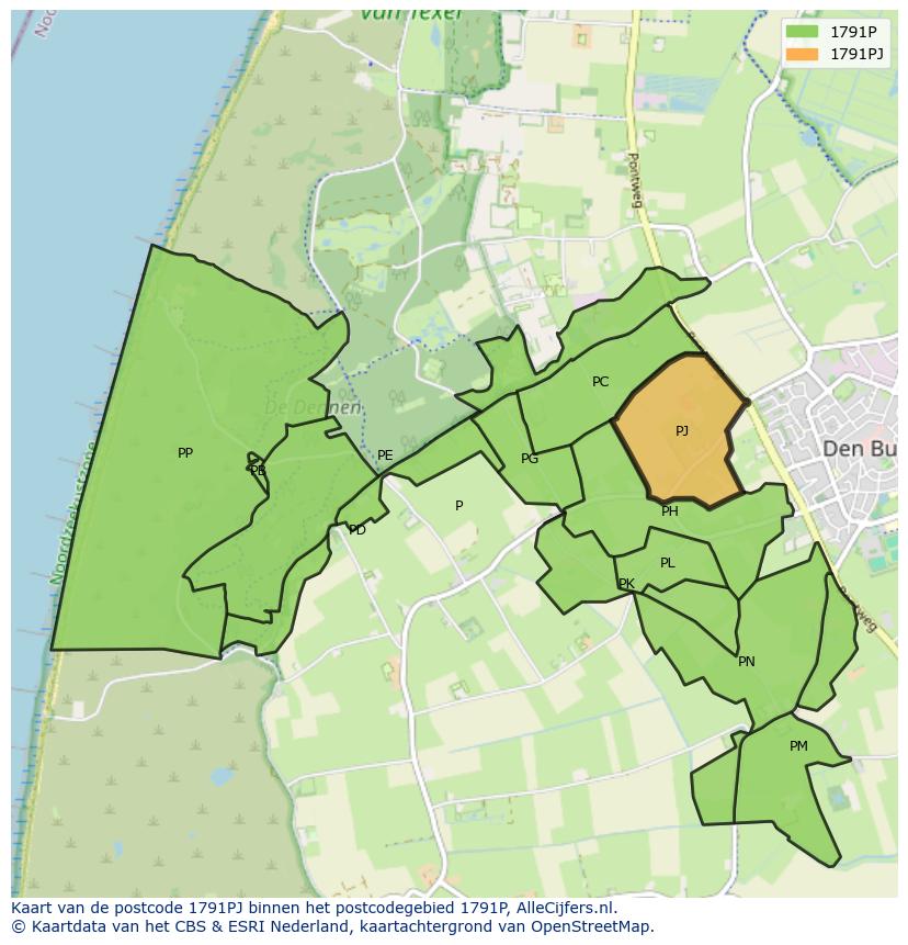 Afbeelding van het postcodegebied 1791 PJ op de kaart.