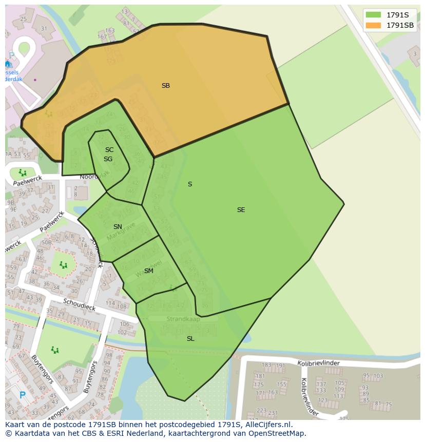 Afbeelding van het postcodegebied 1791 SB op de kaart.