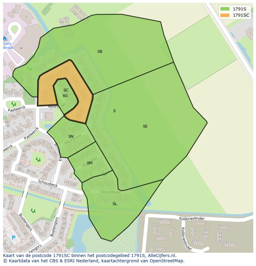 Afbeelding van het postcodegebied 1791 SC op de kaart.