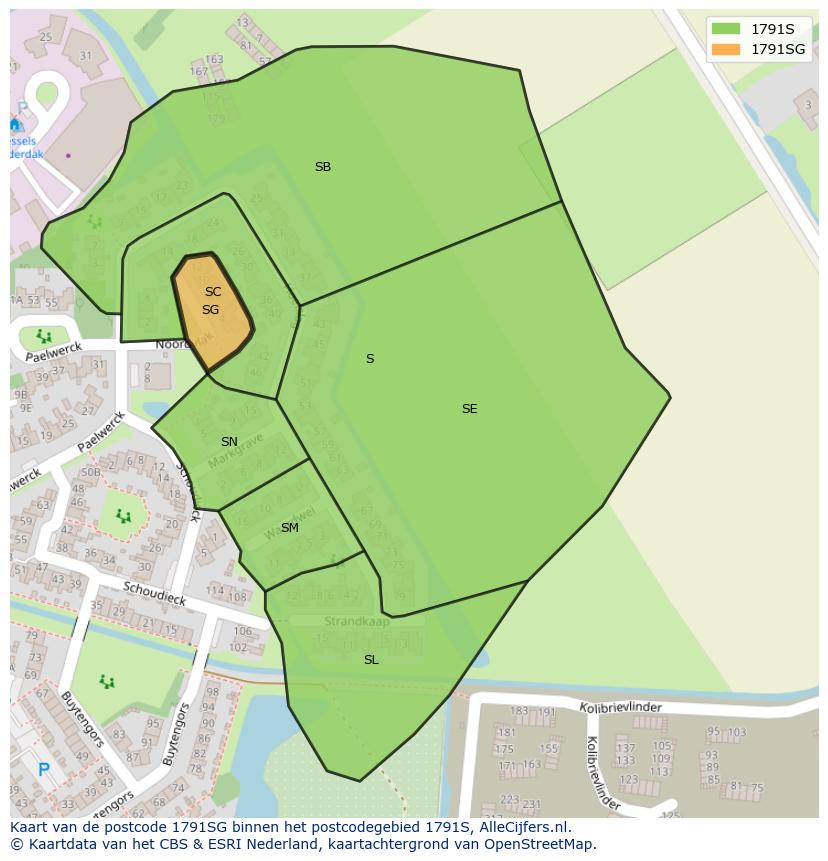 Afbeelding van het postcodegebied 1791 SG op de kaart.