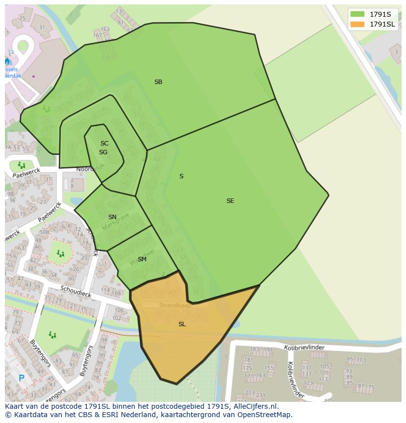 Afbeelding van het postcodegebied 1791 SL op de kaart.