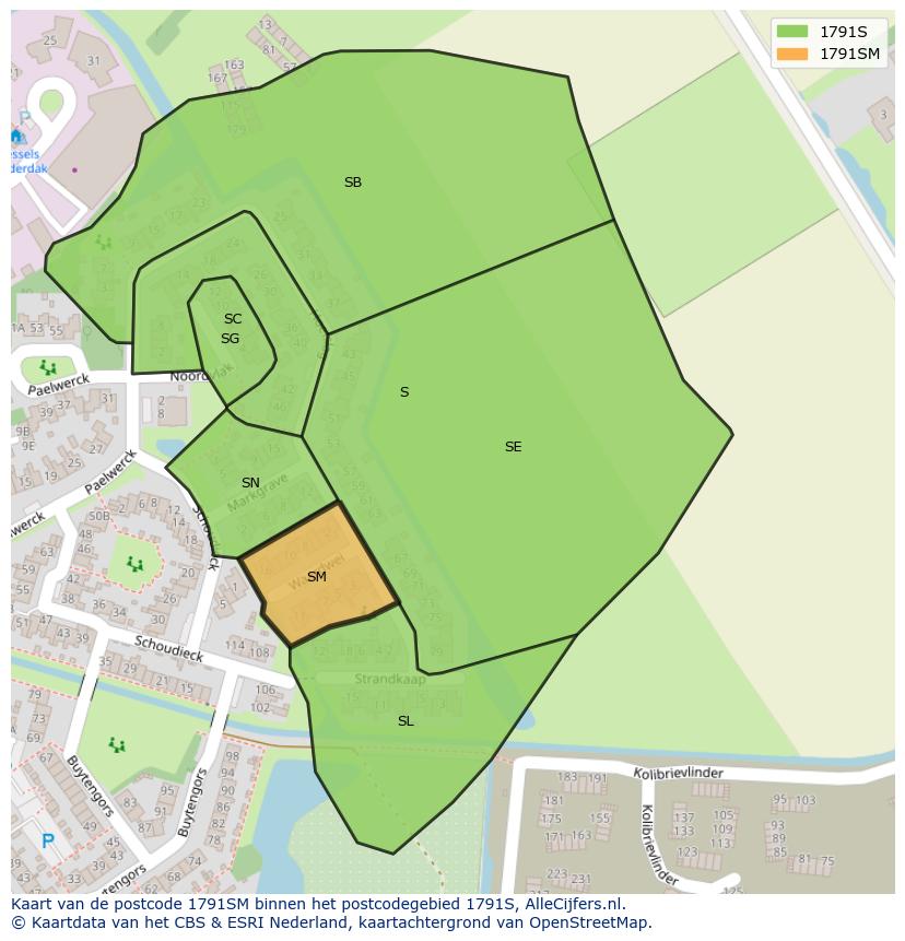 Afbeelding van het postcodegebied 1791 SM op de kaart.