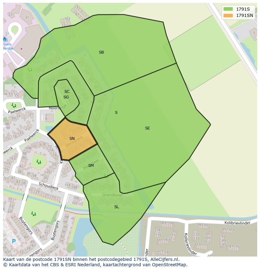 Afbeelding van het postcodegebied 1791 SN op de kaart.