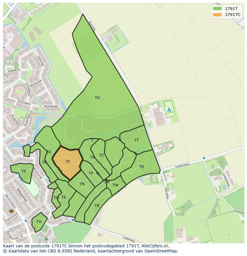 Afbeelding van het postcodegebied 1791 TC op de kaart.