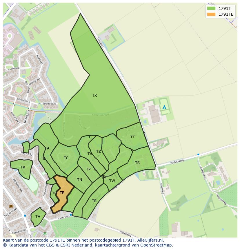 Afbeelding van het postcodegebied 1791 TE op de kaart.