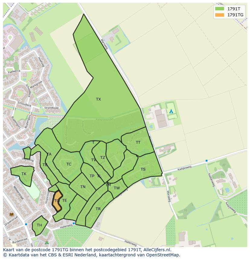 Afbeelding van het postcodegebied 1791 TG op de kaart.
