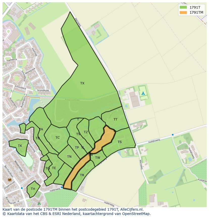 Afbeelding van het postcodegebied 1791 TM op de kaart.