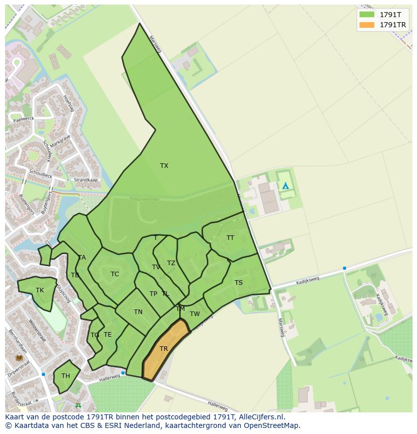 Afbeelding van het postcodegebied 1791 TR op de kaart.