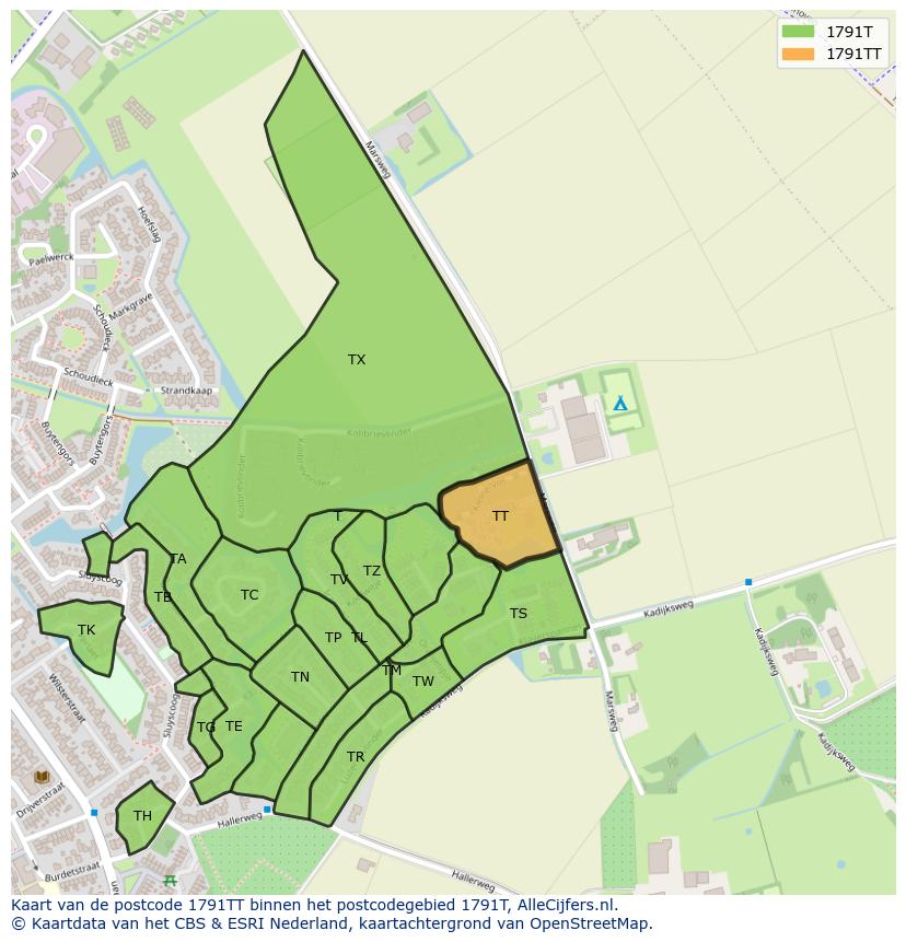 Afbeelding van het postcodegebied 1791 TT op de kaart.