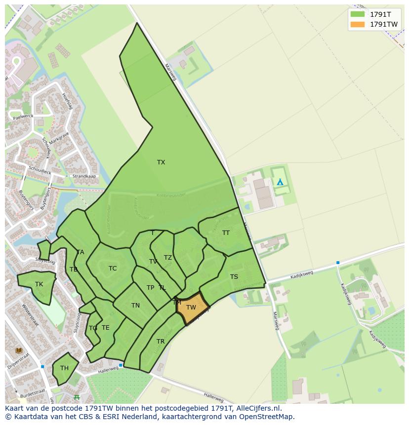 Afbeelding van het postcodegebied 1791 TW op de kaart.