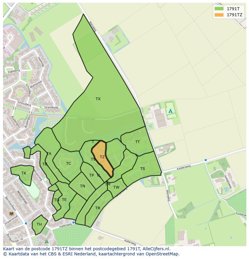 Afbeelding van het postcodegebied 1791 TZ op de kaart.