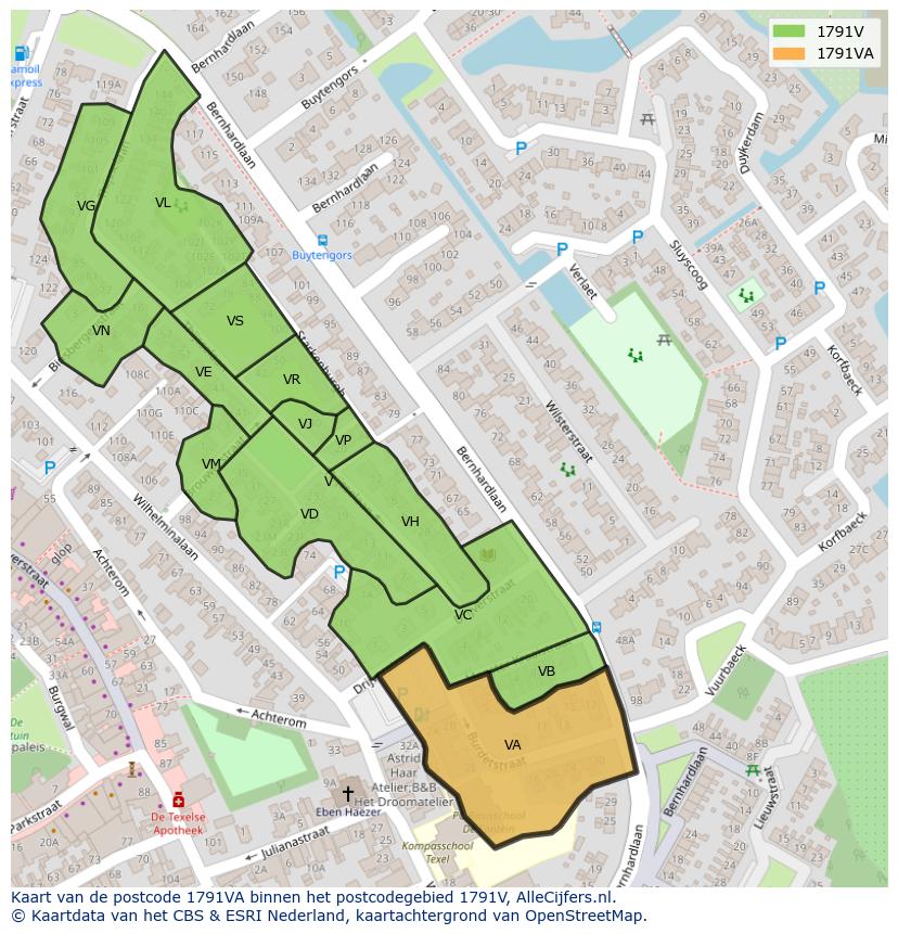 Afbeelding van het postcodegebied 1791 VA op de kaart.