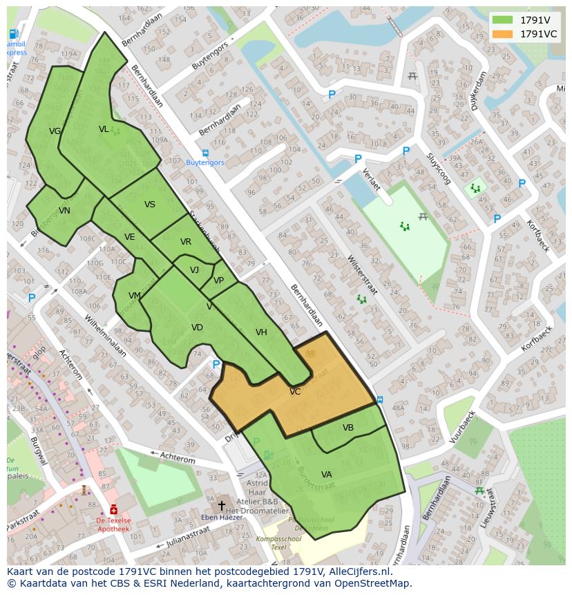 Afbeelding van het postcodegebied 1791 VC op de kaart.
