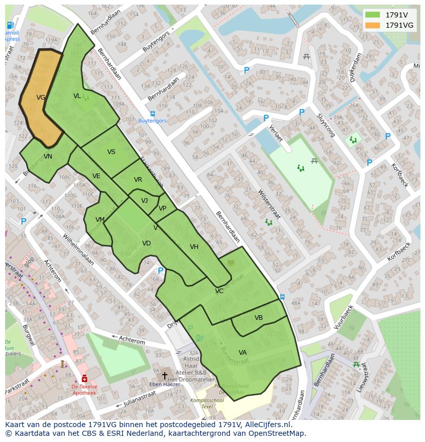 Afbeelding van het postcodegebied 1791 VG op de kaart.