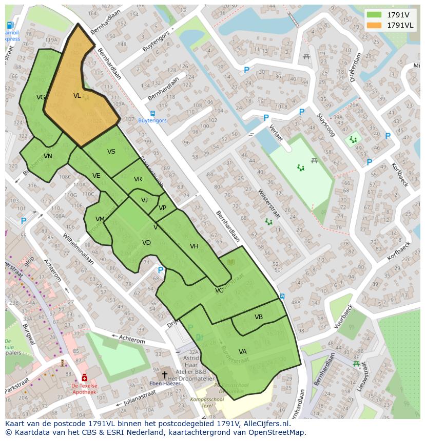 Afbeelding van het postcodegebied 1791 VL op de kaart.