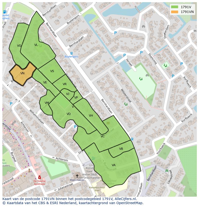 Afbeelding van het postcodegebied 1791 VN op de kaart.