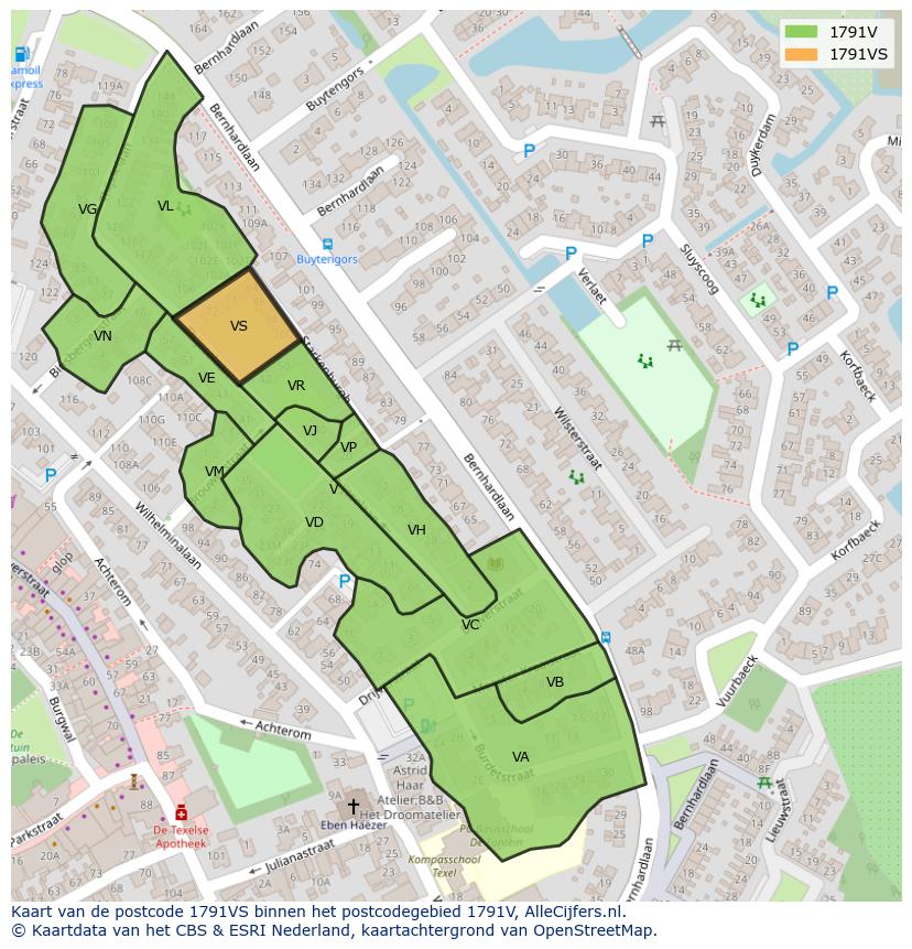 Afbeelding van het postcodegebied 1791 VS op de kaart.