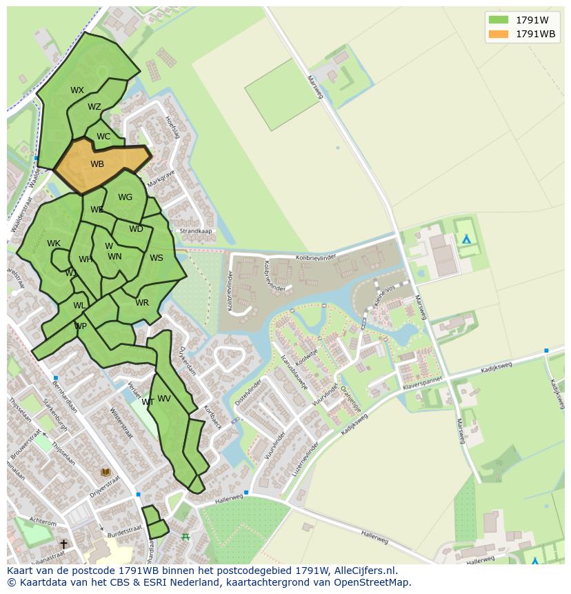 Afbeelding van het postcodegebied 1791 WB op de kaart.