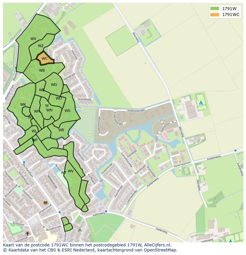 Afbeelding van het postcodegebied 1791 WC op de kaart.