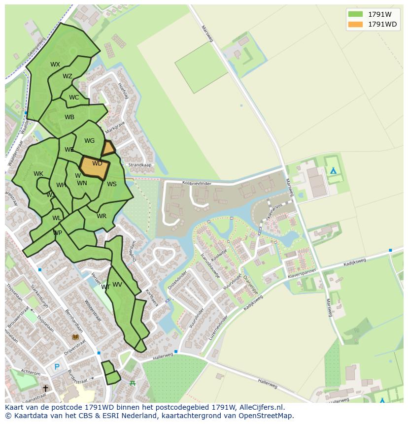Afbeelding van het postcodegebied 1791 WD op de kaart.
