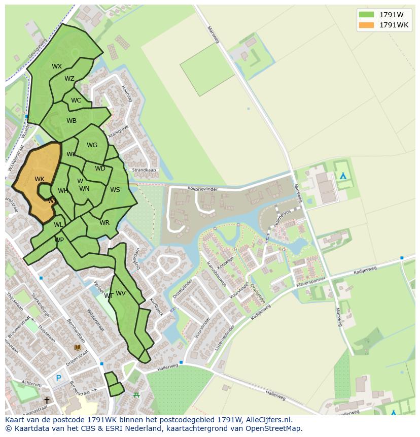 Afbeelding van het postcodegebied 1791 WK op de kaart.
