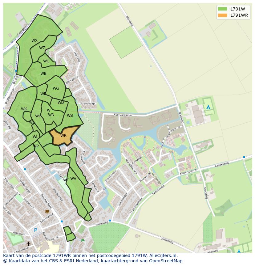 Afbeelding van het postcodegebied 1791 WR op de kaart.