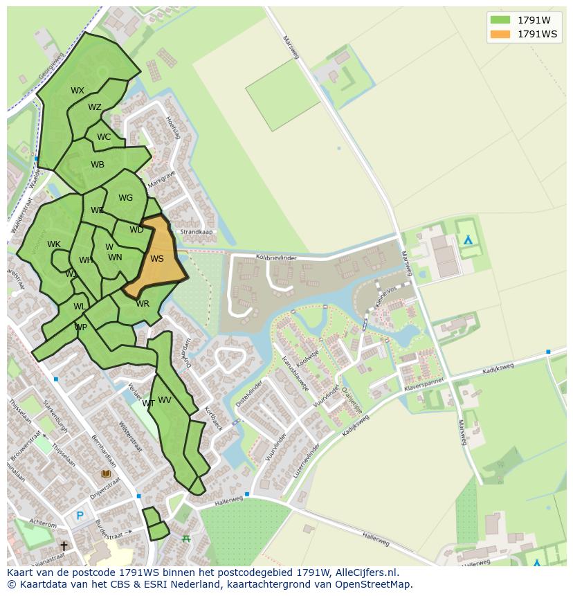 Afbeelding van het postcodegebied 1791 WS op de kaart.