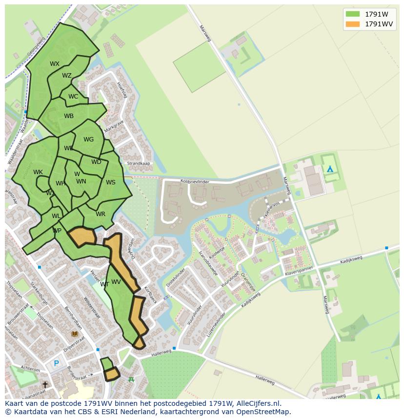 Afbeelding van het postcodegebied 1791 WV op de kaart.