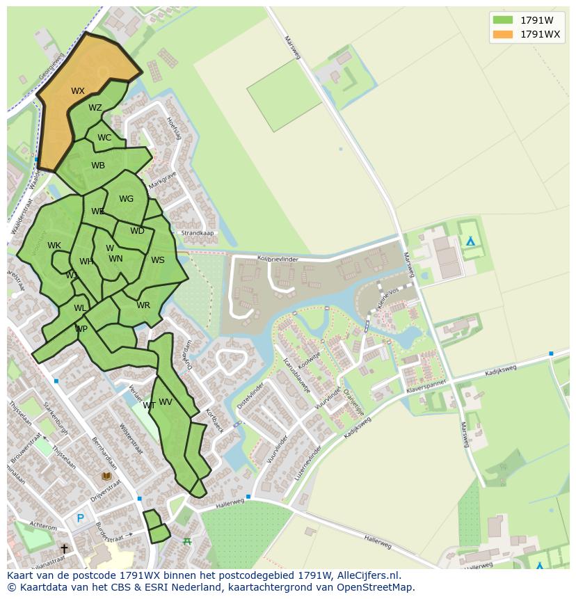 Afbeelding van het postcodegebied 1791 WX op de kaart.