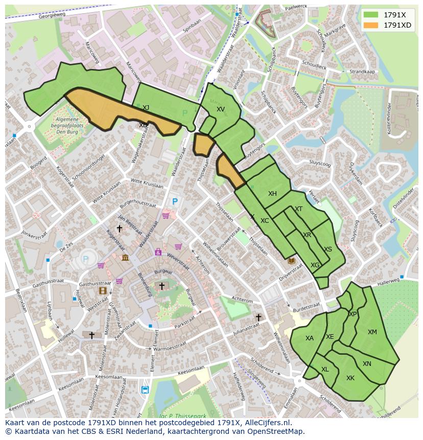 Afbeelding van het postcodegebied 1791 XD op de kaart.
