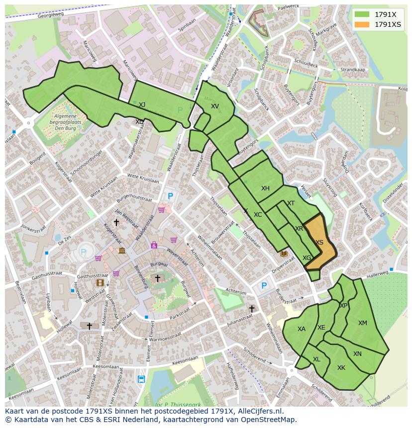 Afbeelding van het postcodegebied 1791 XS op de kaart.