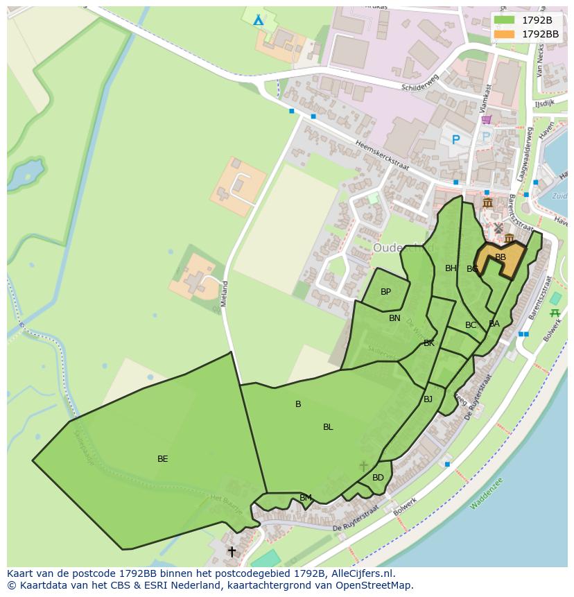 Afbeelding van het postcodegebied 1792 BB op de kaart.