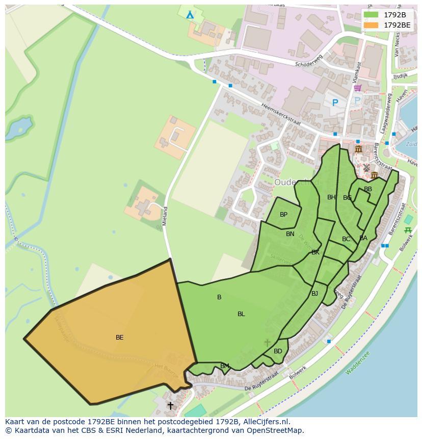 Afbeelding van het postcodegebied 1792 BE op de kaart.
