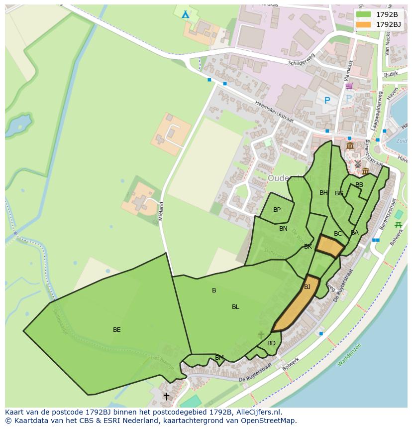 Afbeelding van het postcodegebied 1792 BJ op de kaart.