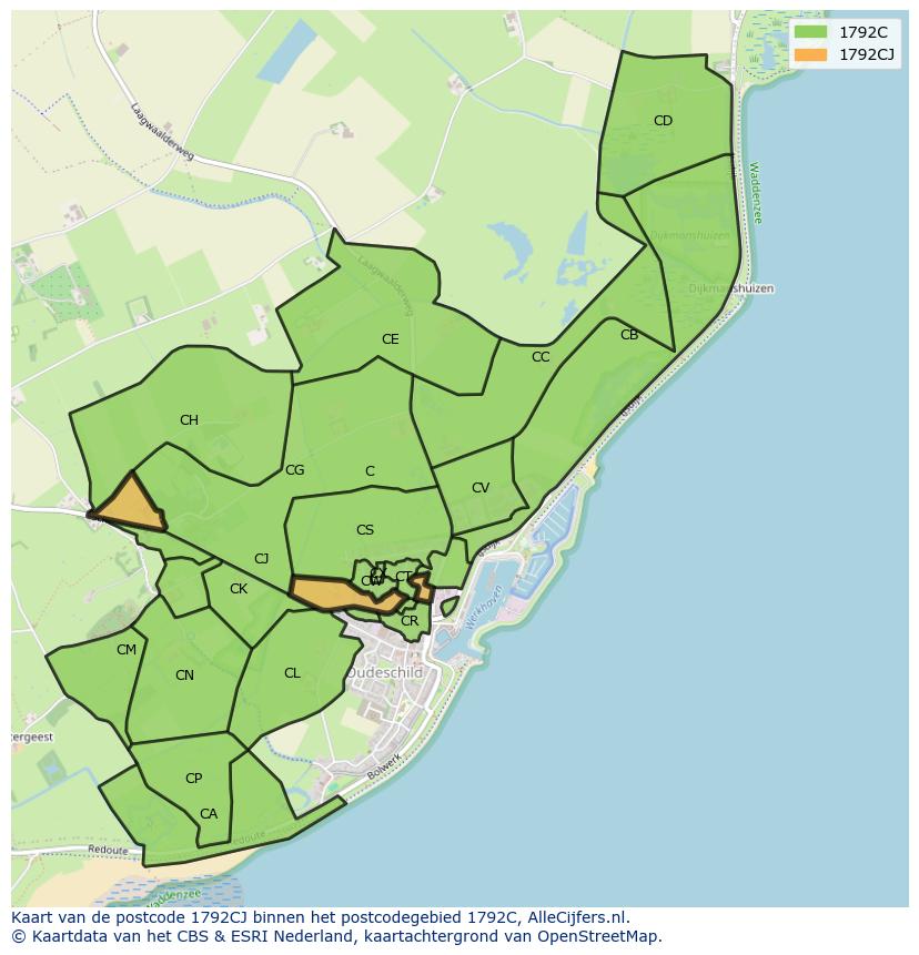 Afbeelding van het postcodegebied 1792 CJ op de kaart.