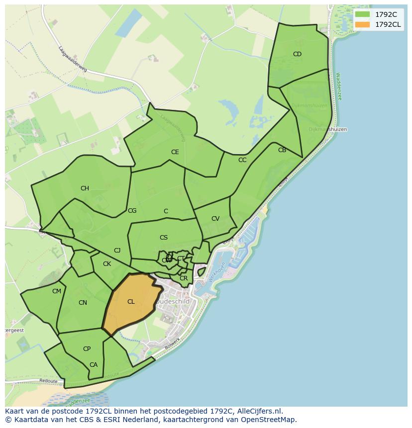 Afbeelding van het postcodegebied 1792 CL op de kaart.