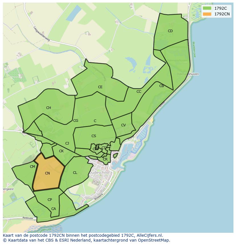 Afbeelding van het postcodegebied 1792 CN op de kaart.