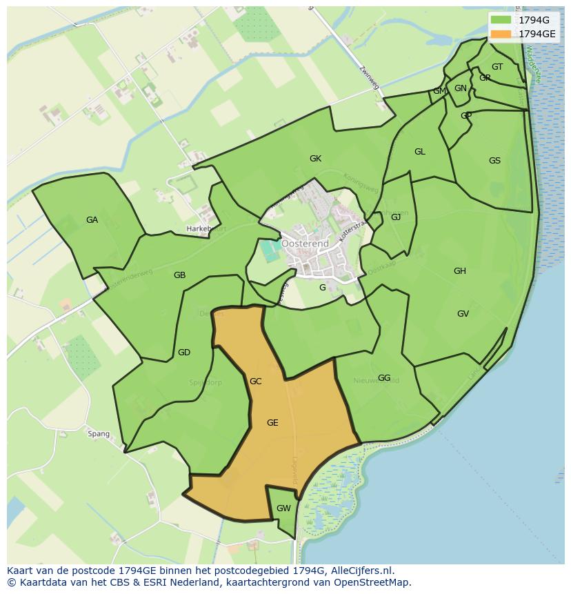 Afbeelding van het postcodegebied 1794 GE op de kaart.