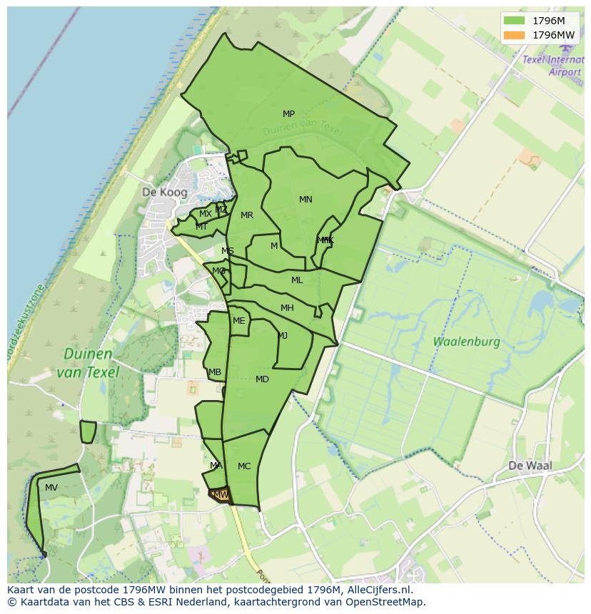 Afbeelding van het postcodegebied 1796 MW op de kaart.