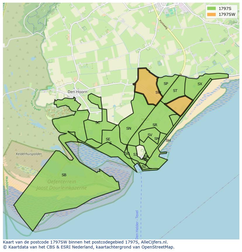 Afbeelding van het postcodegebied 1797 SW op de kaart.